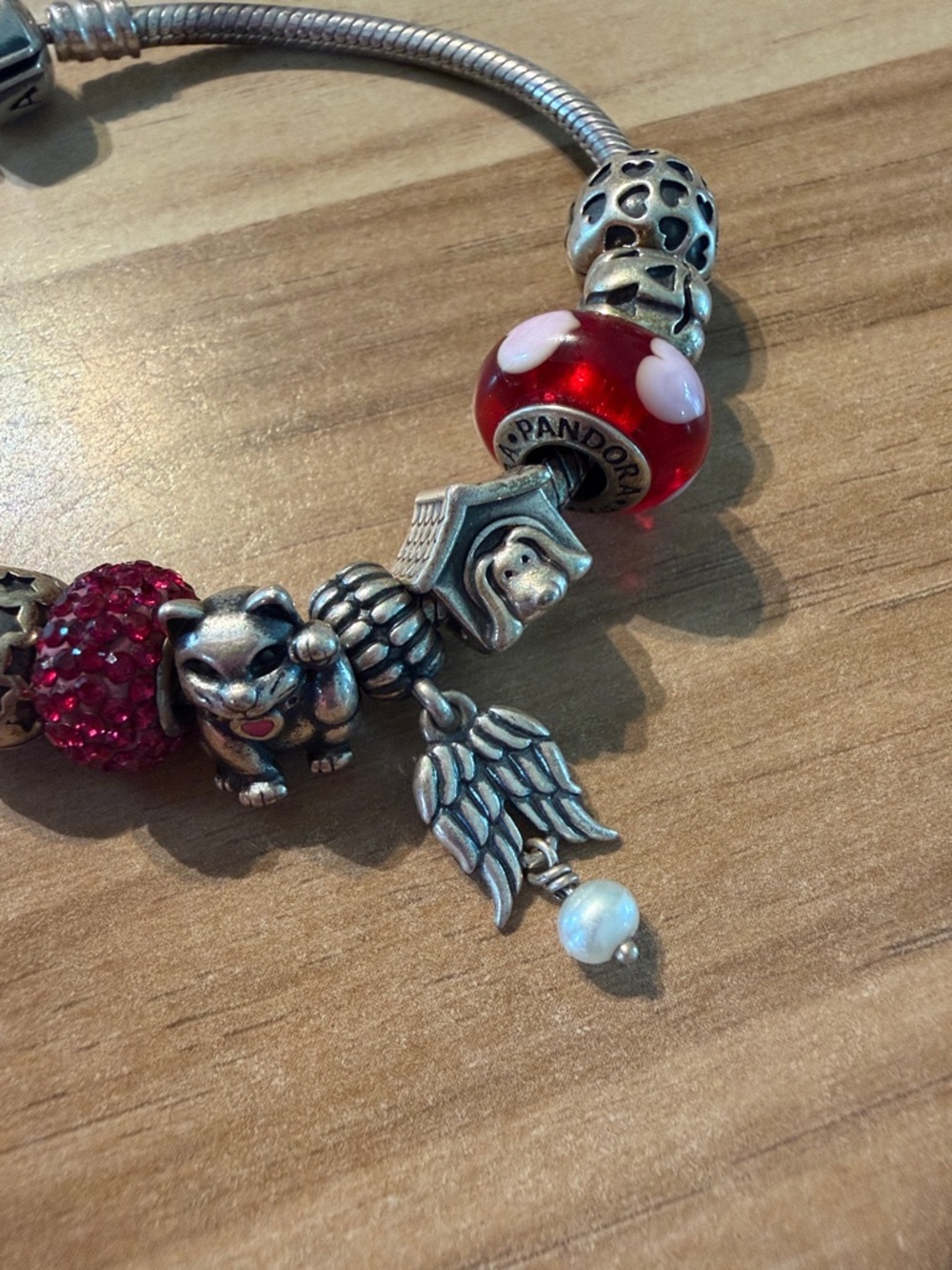Pandora Silver Charm Bracelet with Red and Silver Accents and Heart Glass Bead - Picture 4 of 5